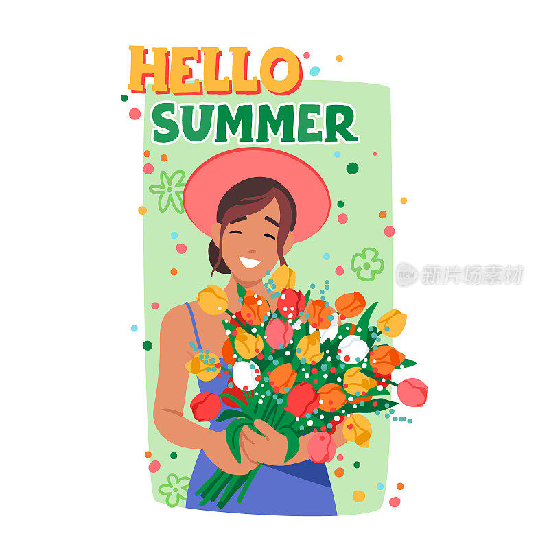 “你好，夏天”海报，年轻微笑的女人手持五彩缤纷的夏日花朵，展示大自然的美丽