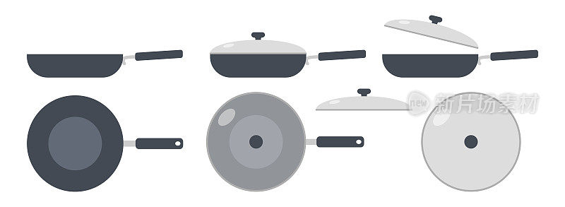 一组煎锅图标剪贴画矢量插图。厨房煎锅标志平面矢量设计。有盖和无盖煎锅图标。不锈钢锅卡通剪贴画。厨房工具概念