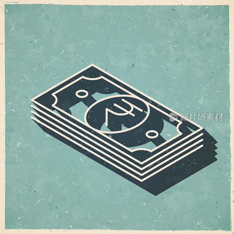 等距印度卢比纸币。图标复古复古风格-旧纹理纸