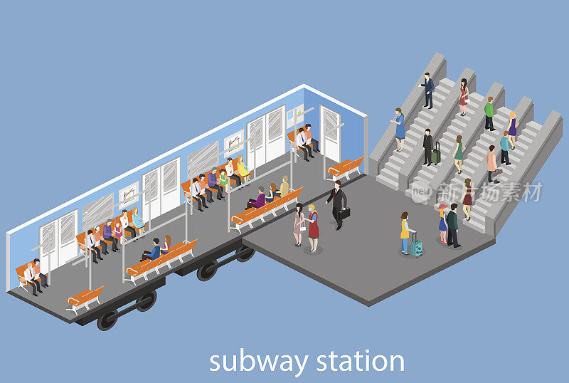 地铁车厢内部的等距平面三维概念向量。