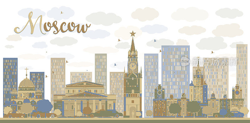 蓝色和棕色的莫斯科城市天际线