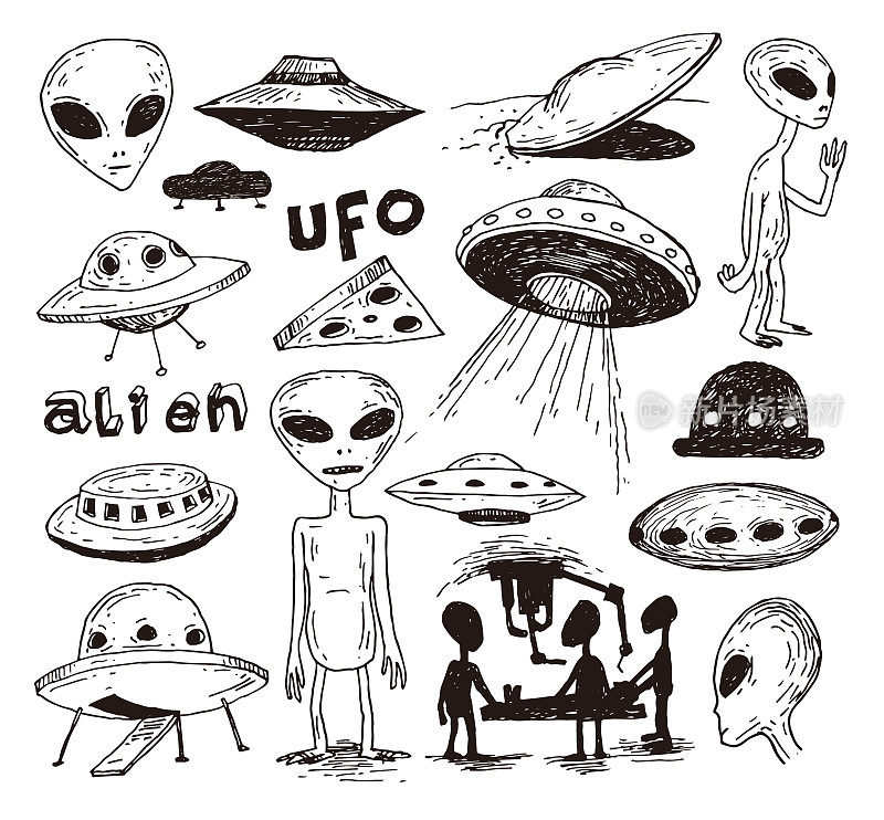 一套外星人和ufo图标，手绘矢量插图。