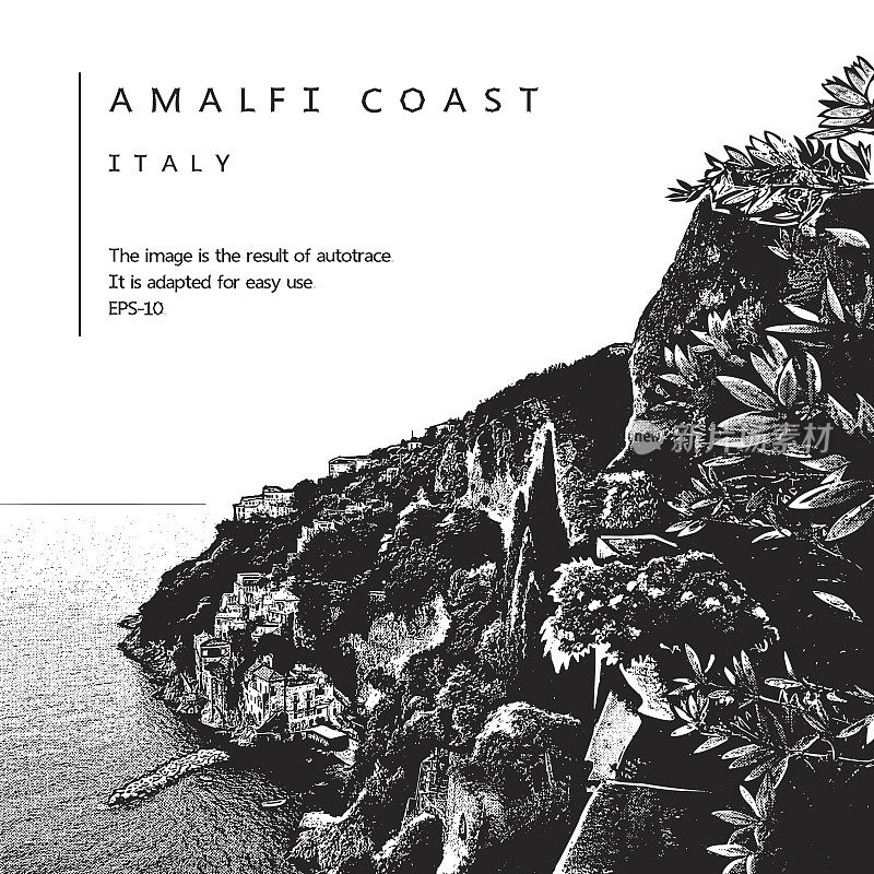 阿玛海岸,意大利。海岸线和海洋的矢量图。