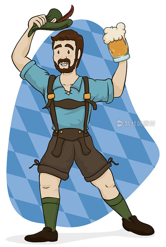 穿着皮短裤庆祝啤酒节的巴伐利亚男子