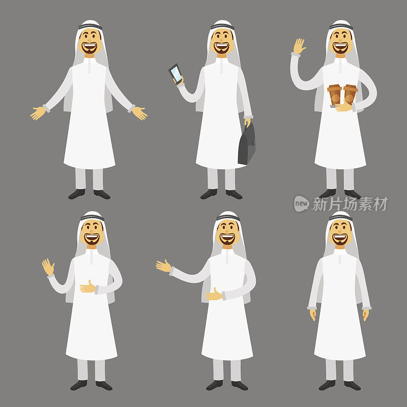 卡通图像集阿拉伯人在传统阿拉伯服装孤立矢量插图