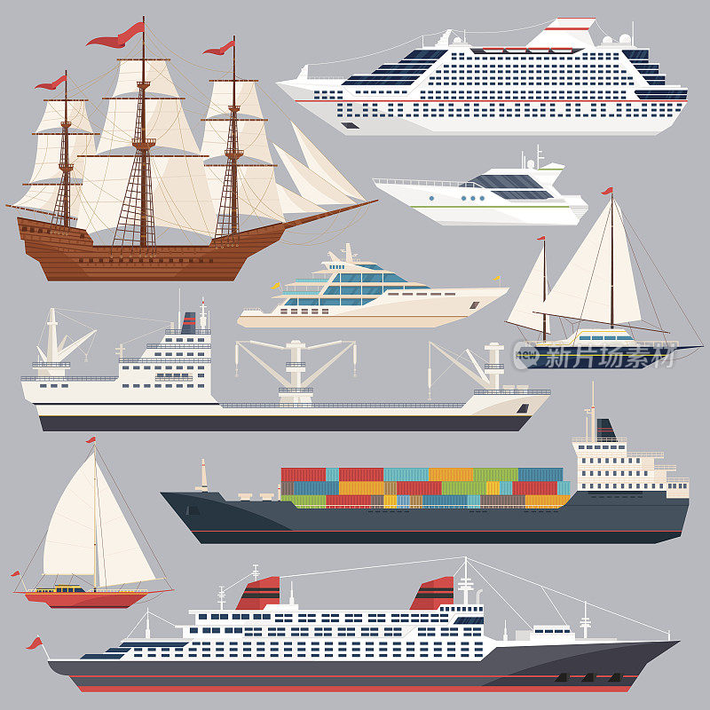 海上运输。船和不同的船的矢量插图。平的风格图片