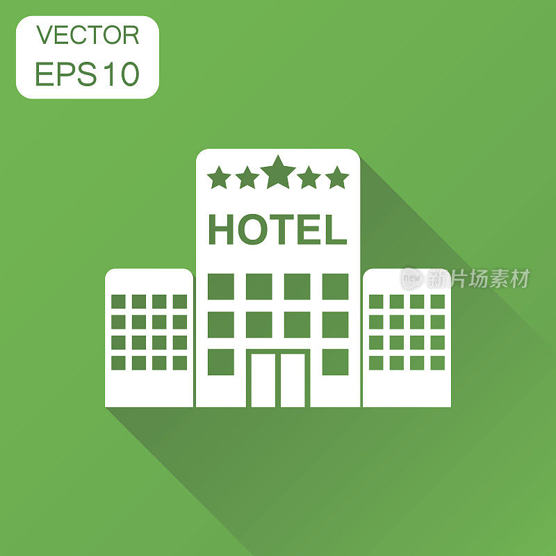 酒店的图标。商业概念酒店象形图。矢量插图上的绿色背景和长阴影。