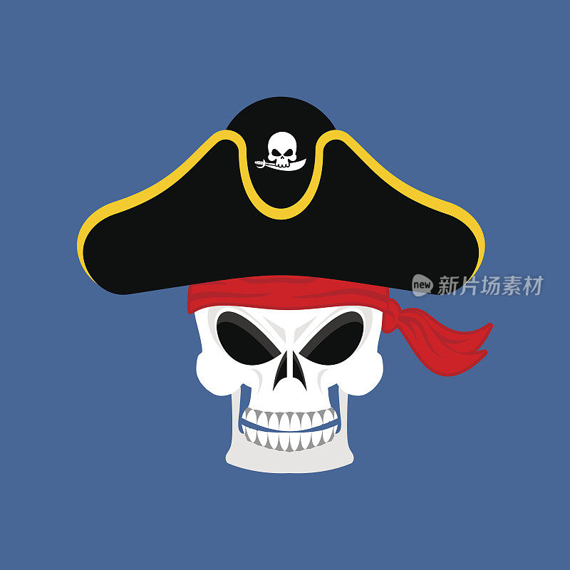 戴着帽子的骷髅海盗肖像。眼罩。阻挠船长，骷髅海盗船
