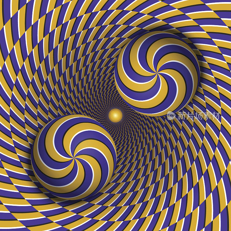 光学错觉矢量插图。两个多螺旋球在旋转孔中运动。蓝黄色图案的物体。超现实风格的抽象背景。