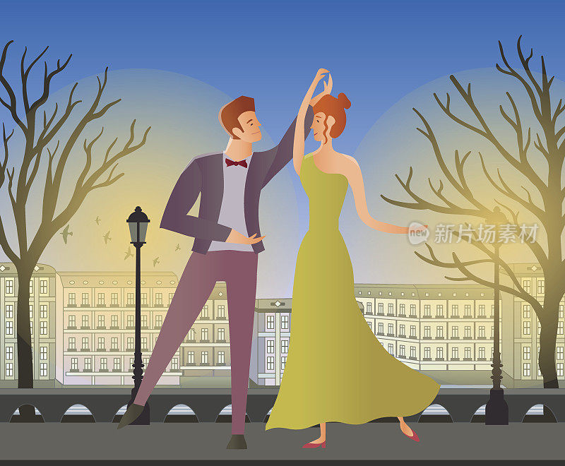 年轻的夫妇。男男女女在老城区的街道上跳交际舞。矢量插图。