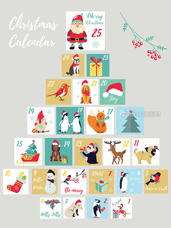 圣诞节出现日历。有可爱动物和符号的寒假海报