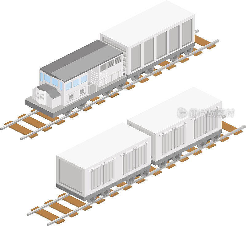 等距矢量图货运列车与货车。铁路集装箱。一组收集货物列车。
