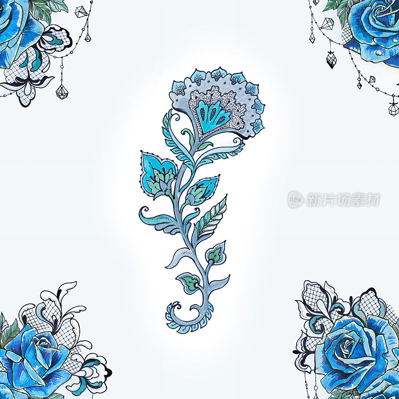 无缝模式的蓝色花和枝与玫瑰在一个白色的背景。
