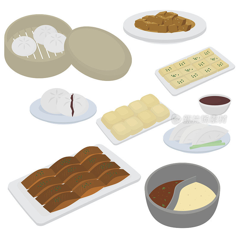 集中餐平面设计元素。亚洲街头美食菜单。传统菜肴北京烤鸭，汤锅子，猪肉和豆腐。饺子，饺子和包子，面条和包子