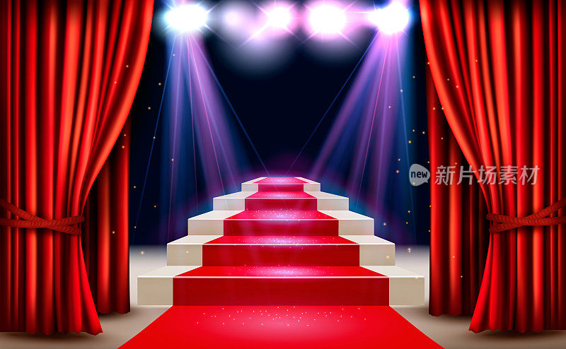 展厅里铺着红地毯，通向挂着窗帘的讲台。向量