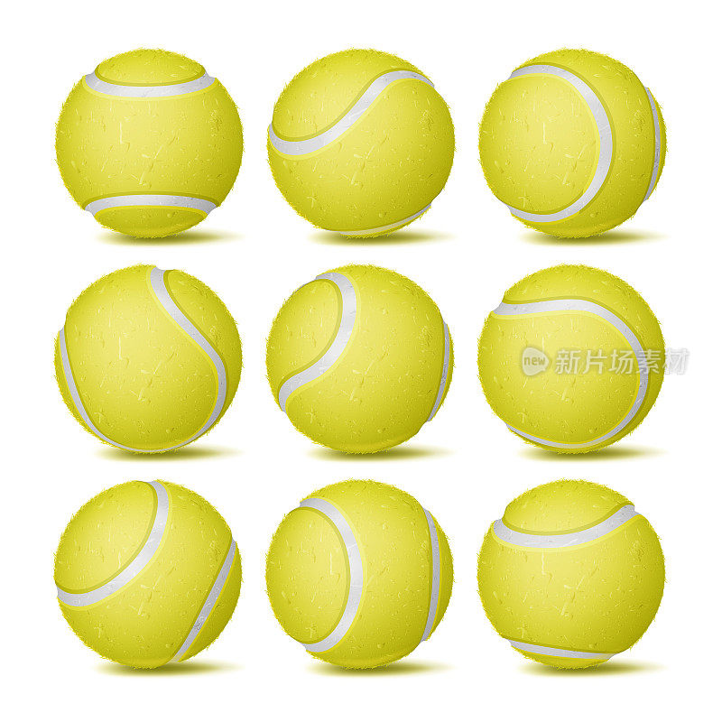 现实网球设置向量。经典的黄色圆球。不同的观点。体育游戏的象征。孤立的插图