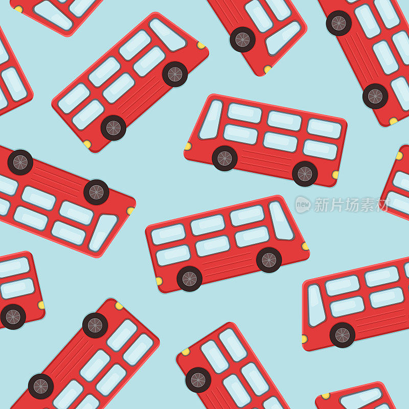 双层旅游巴士图标上的蓝色无缝图案。矢量图