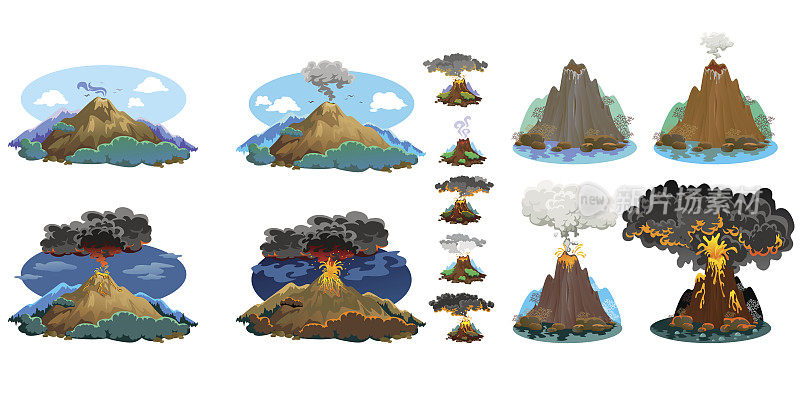 一组不同程度喷发的火山，一个沉睡或苏醒的危险的火山，从岩浆的灰烬和烟雾飞出，熔岩流下山的矢量插图