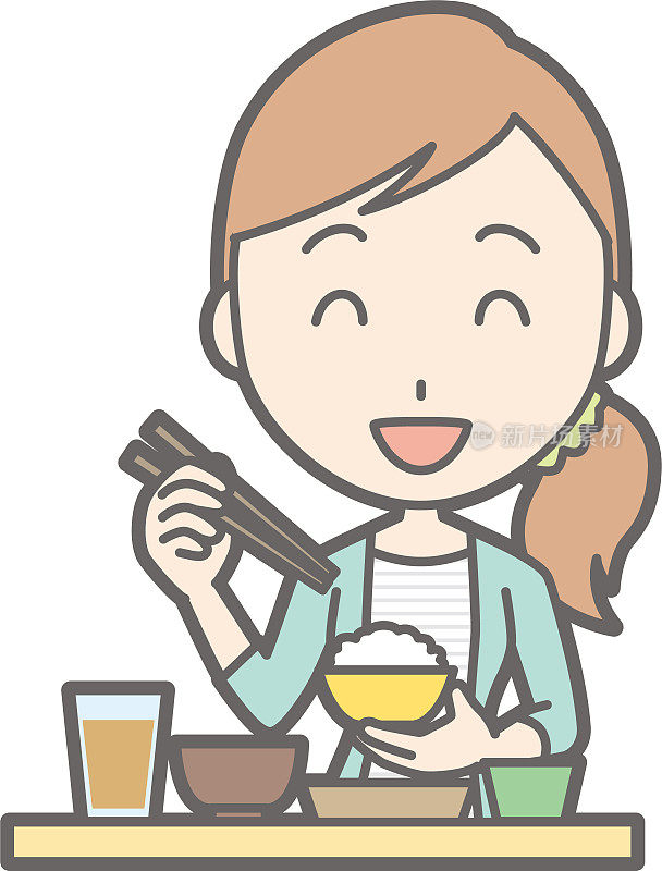一个穿着条纹衣服吃日本食物的年轻女子的插图