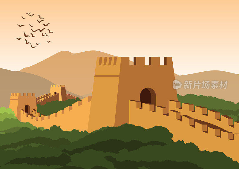 长城，世界和中国的著名地标和遗产，古着色彩