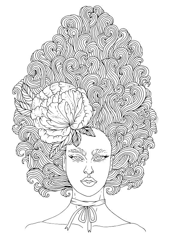 矢量画肖像的仙女与高卷曲的发型，发展头发向上装饰牡丹花。林幻想的性格。着色页面。设计卡，印在白色背面的t恤上。