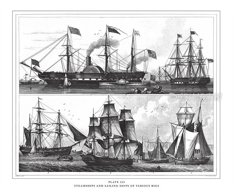 各种钻机的蒸汽船和帆船雕刻古董插图，出版于1851年