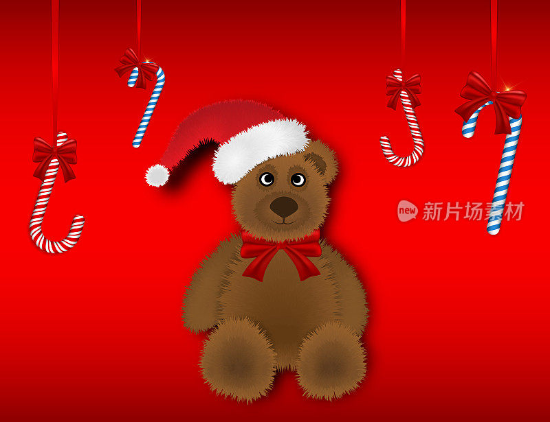 圣诞和新年矢量插图背景。逼真的玩具泰迪熊。还有棒棒糖。用于您的设计的Holiday对象。