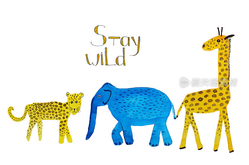 水彩卡通手绘野生动物:大象，长颈鹿，豹。非洲的狩猎之旅。的贺卡