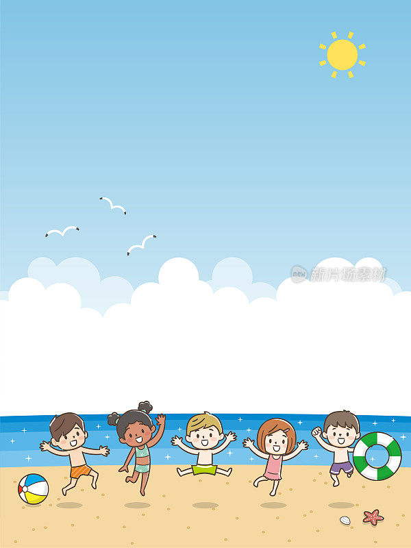 孩子们在海滩上蹦蹦跳跳