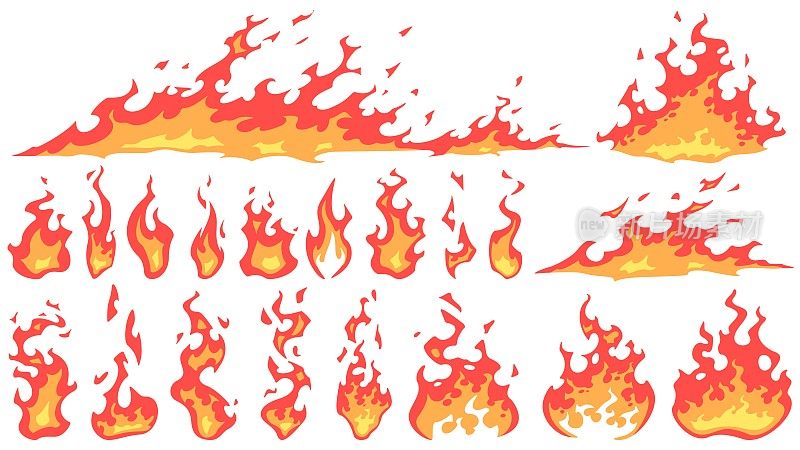 卡通火。火球火焰，红色的火苗和营火的火焰矢量轮廓集。燃烧效果，危险的自然现象。熊熊的野火孤立在白色背景上