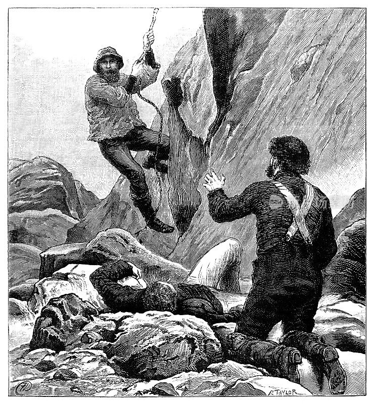 一名维多利亚时期的男子从悬崖上滑下，去营救一名在山体滑坡中受伤的男子