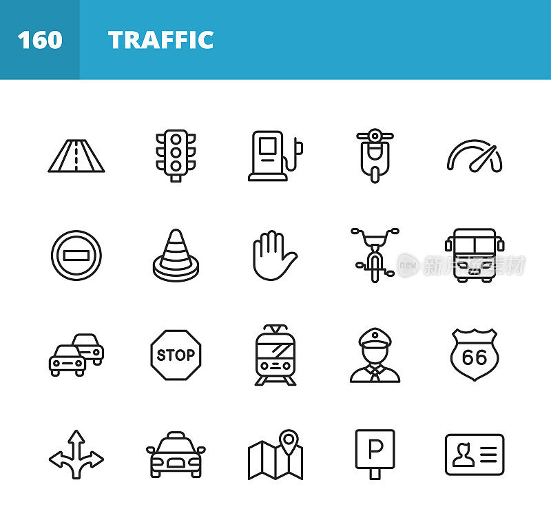 交通线图标。可编辑的中风。像素完美。移动和网络。包含如道路，交通灯，速度计，停止标志，交通锥，汽车，车辆，警告标志，地图，导航，出租车，加油站，有轨电车的图标。