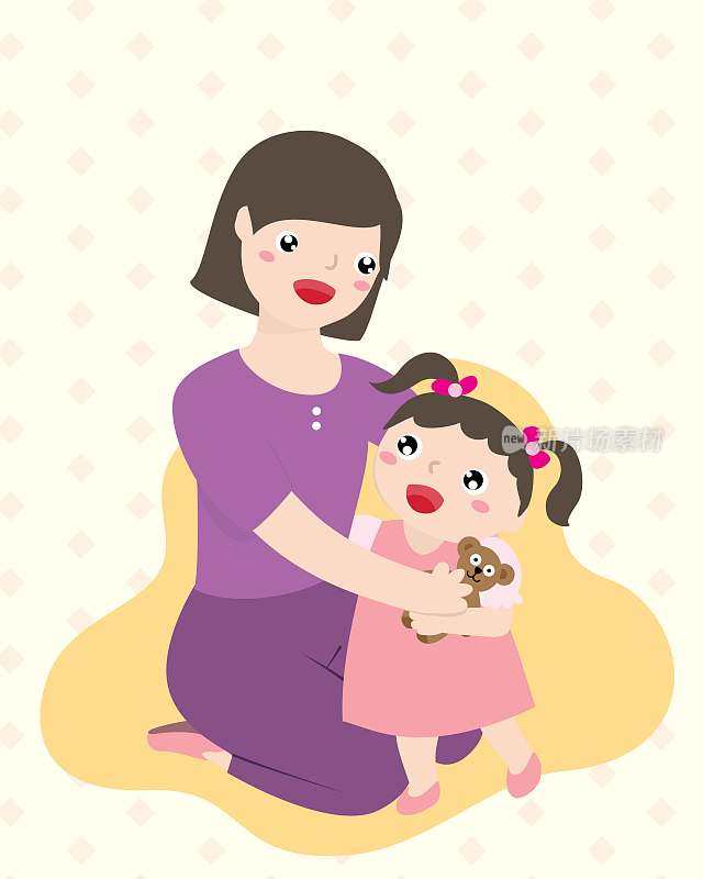 快乐母亲拥抱她的女儿。为人父母和母亲节快乐的概念。矢量平面卡通插图。