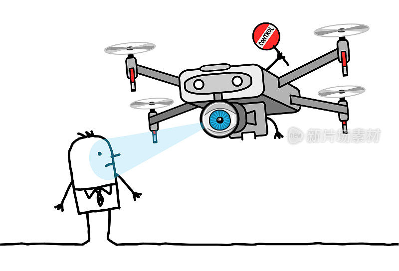 卡通人物面对着一个大眼睛的控制无人机