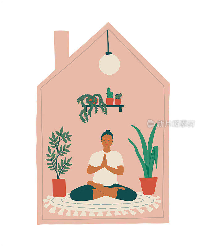 在隔离期间的社交距离期间，在家里做瑜伽的女子坐在莲花姿势和冥想。