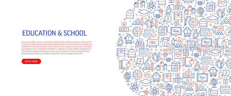 教育与学校相关横幅设计与图案。现代线条风格图标矢量插图