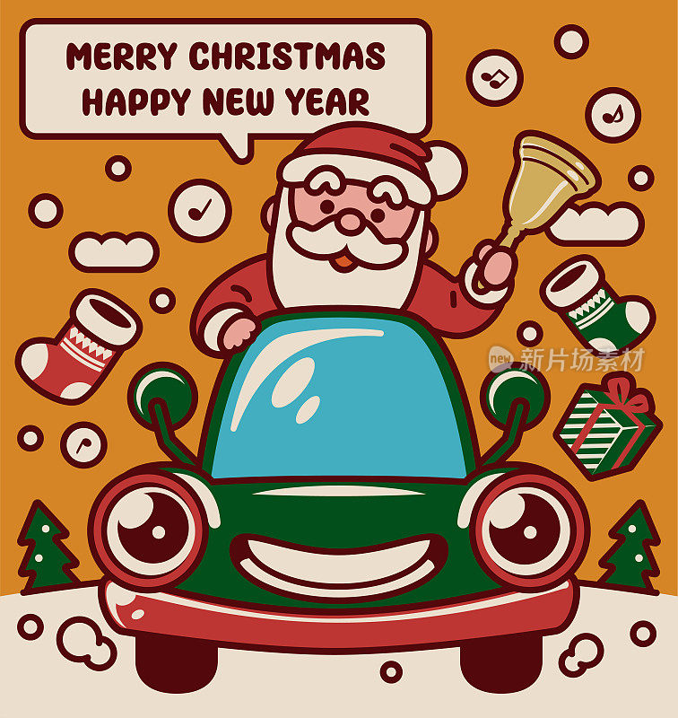 可爱的圣诞老人坐在拟人化的汽车上环游世界，摇着铃铛，祝你圣诞快乐，新年快乐