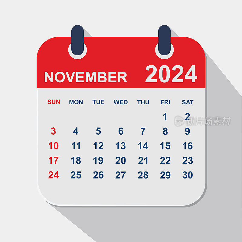 2024年11月。日历规划设计模板。一周从周日开始。业务矢量图
