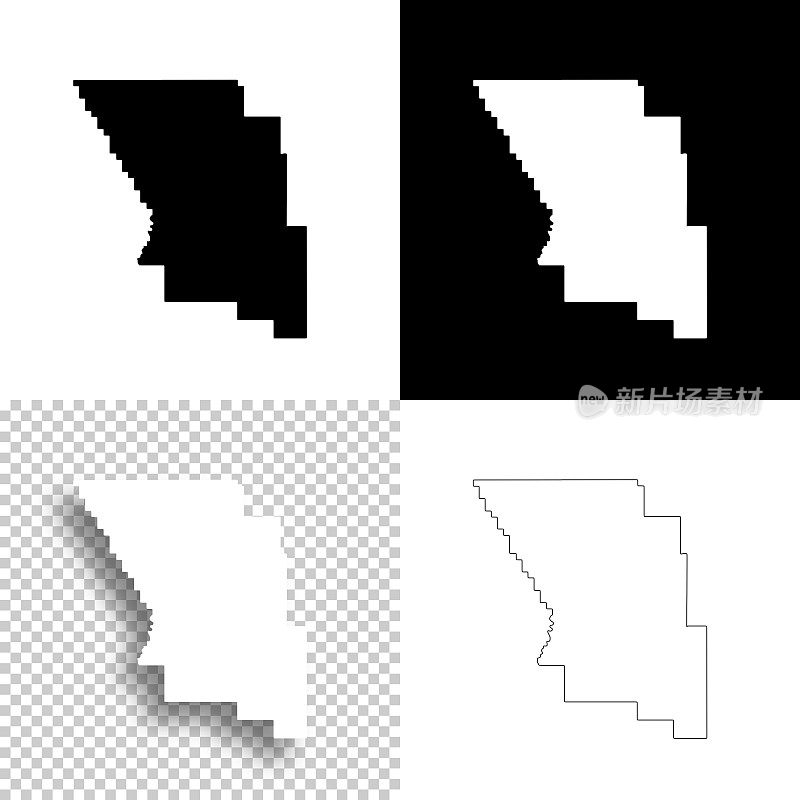 蒙大拿的宝藏县。设计地图。空白，白色和黑色背景