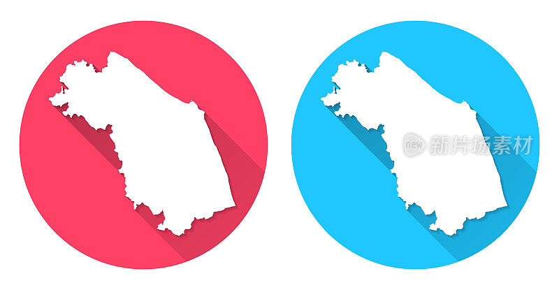 马尔凯地图。圆形图标与长阴影在红色或蓝色的背景