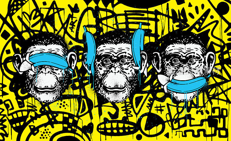 三只聪明的猴子在涂鸦