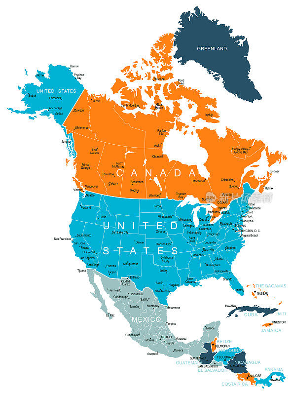 北美地图。矢量彩色地图的北美
