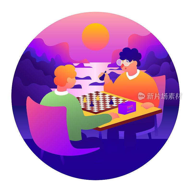 两个人下棋,日落国际象棋和谐,日落国际象棋决斗,景观矢量插图