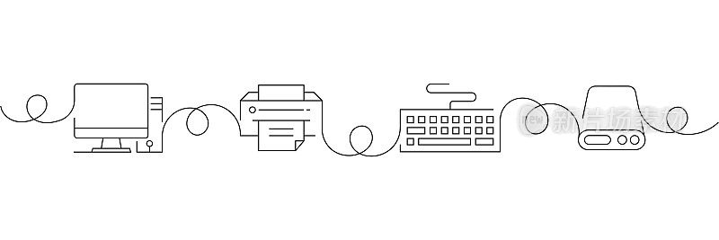 连续单线绘制计算机和设备图标的概念。单线矢量插图。台式电脑，打印机，键盘，外置磁盘。