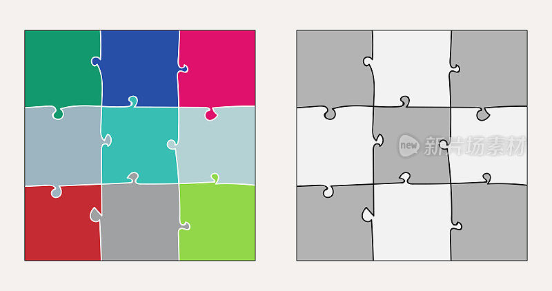 矢量颜色3x3形状拼图网格模板平面设计集合