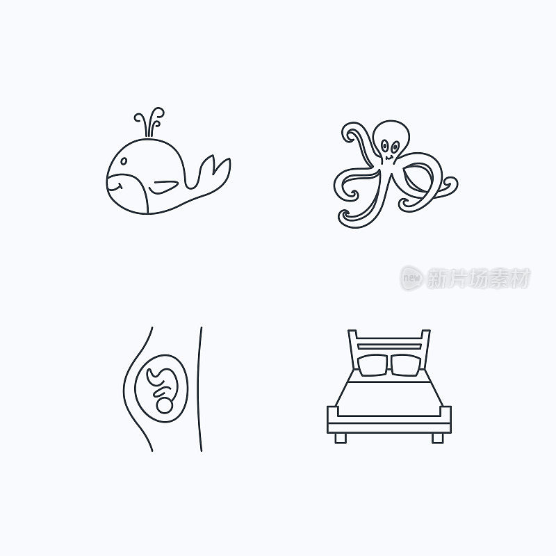 鲸鱼，章鱼和双人床的图标。