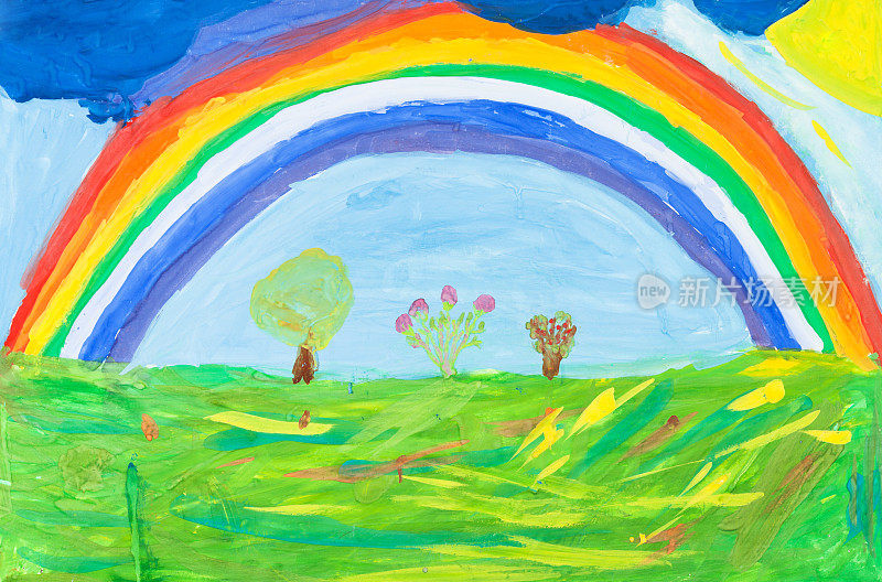 孩子的画，绿色大地下的彩虹