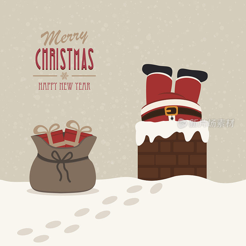 圣诞老人卡在烟囱礼物袋里的雪背景