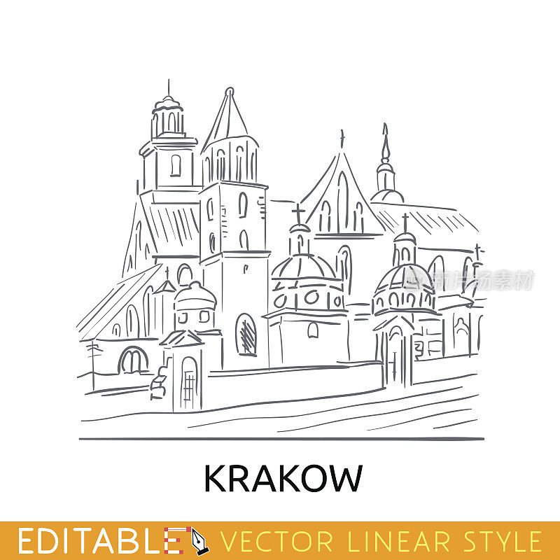 轮廓草图克拉科夫。著名的建筑。瓦维尔皇家城堡旅游