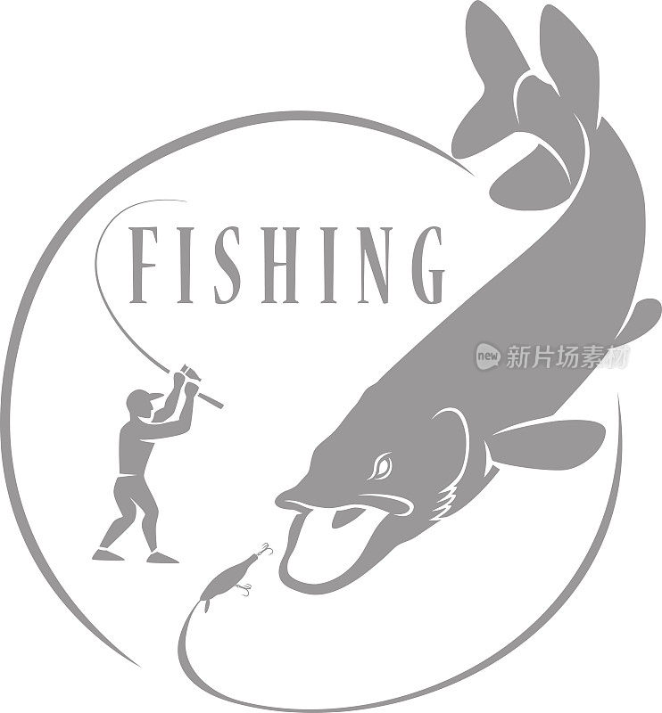 白色背景上的灰色梭子鱼钓鱼图标